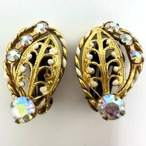 Austria vintage gold tone filigree leaves AB rhinestones clip on earrings
